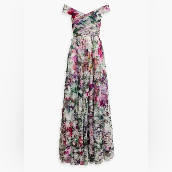 MARCHESA Off-the-shoulder pintucked floral-print tulle gown - Picture 6 of 7